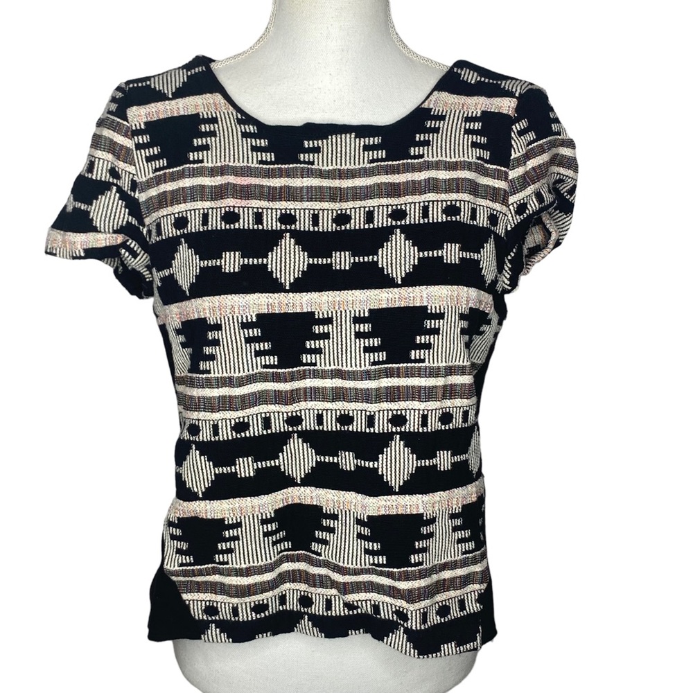 Sunday in Brooklyn Geometric Tribal Rainbow Embroidered Short Sleeve Top